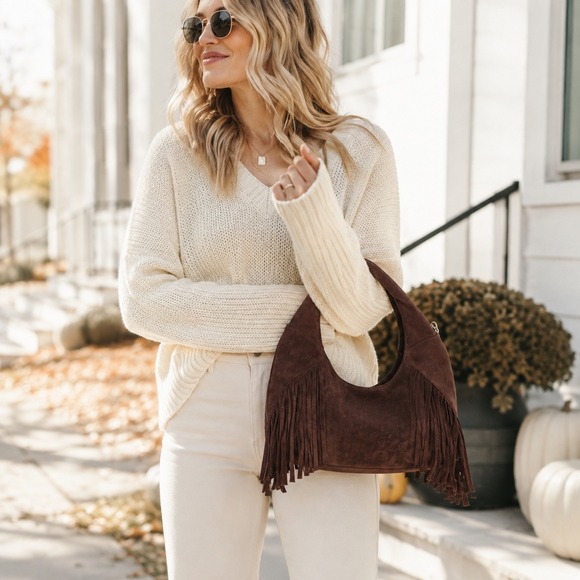Universal Thread Handbags - Universal Thread Brown Faux Suede Fringe Crescent Handbag Boho Hobo Bag NWT